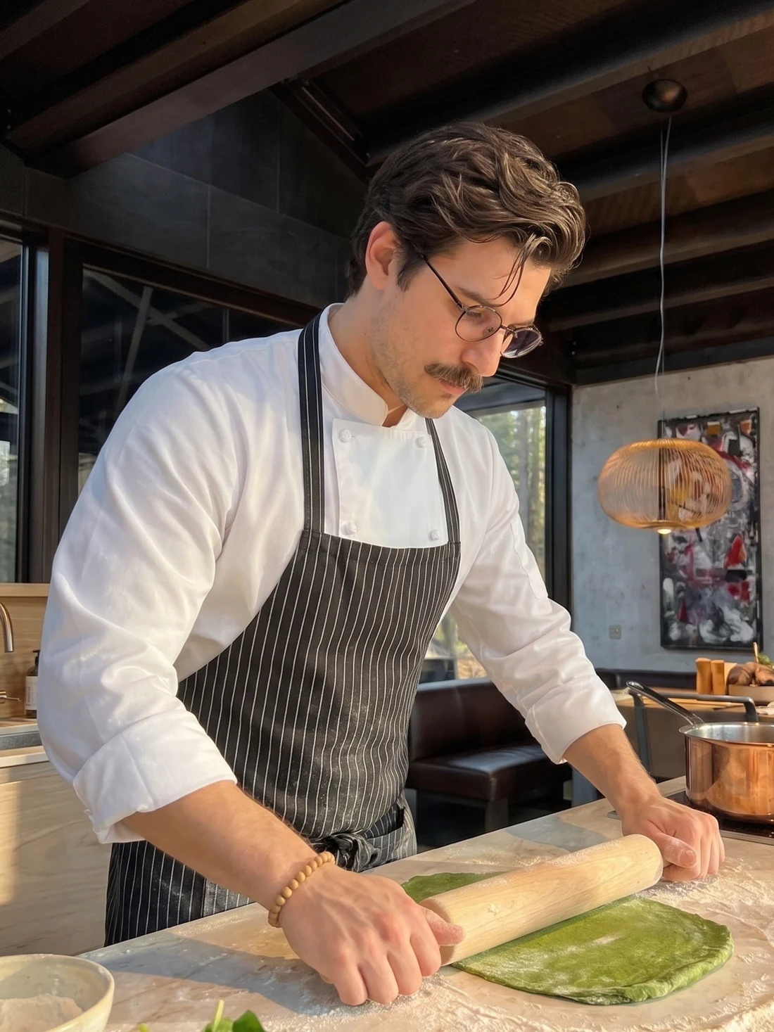 Chef Enzo abrindo massa com um rolo